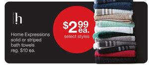 Home Expressions Solid and Stripe Bath Towel Collection for $2.99 each
