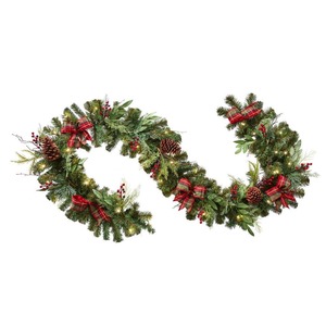 Home Accents Holiday 9 ft. Woodmoore Battery Operated Mixed Pine LED Pre-Lit Artificial Garland with Timer