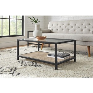 StyleWell Odell 36 in. Black Rectangle Glass Top Coffee Table with Natural Cane Accents